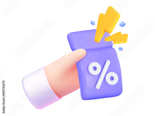 3D Сoupon in hand with lightning bolt for sales, quick cash back, and promotions. 3D vector illustration.