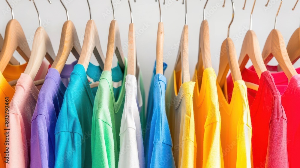 vibrant array of colorful tshirts displayed on wooden hangers suspended against a white background the garments create a cheerful rainbow of fashion choices vibrant array of colorful tshirts displayed on wooden hangers suspended against a white background the garments create a cheerful rainbow of fashion choices