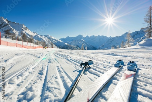 Skiing Through Snowy Mountain Valley