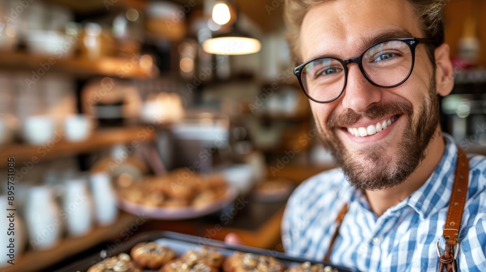 A young man with a big smile, holding a tray of freshly baked cookies, taking a selfie in a kitchen cluttered with baking equipment and cupcakes. A young man with a big smile, holding a tray of freshly baked cookies, taking a selfie in a kitchen cluttered with baking equipment and cupcakes.