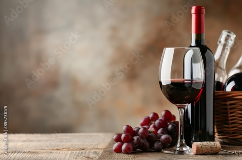 Red Wine and Grapes on Wooden Table