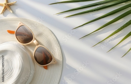 Sunglasses and Hat on White Background