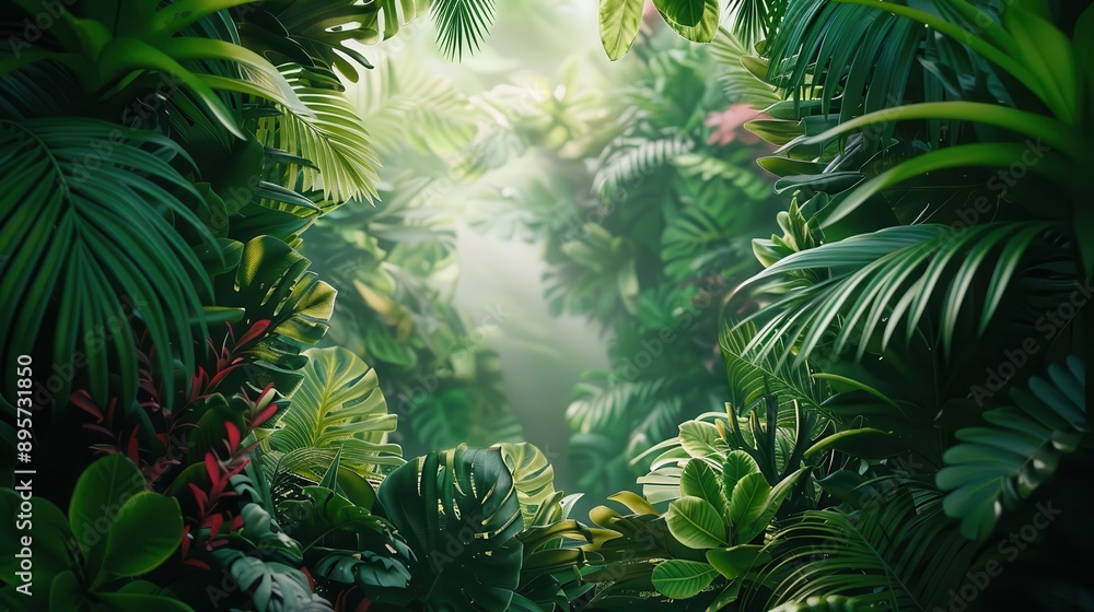 vibrant jungle dreamscape lush foliage framing ethereal white space exotic plants in vivid greens and deep shadows creating a tropical portal effect vibrant jungle dreamscape lush foliage framing ethereal white space exotic plants in vivid greens and deep shadows creating a tropical portal effect