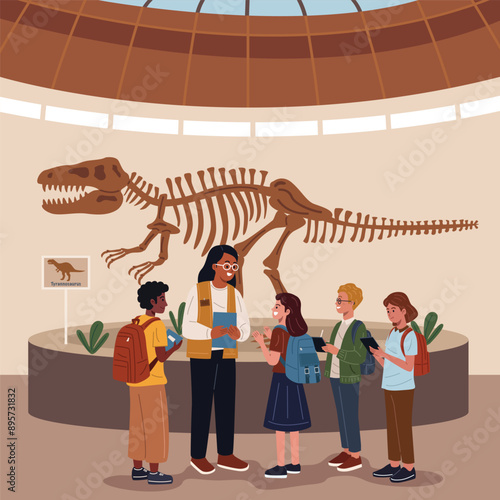 Students and their teacher on a field trip discuss a dinosaur skeleton in a museum.