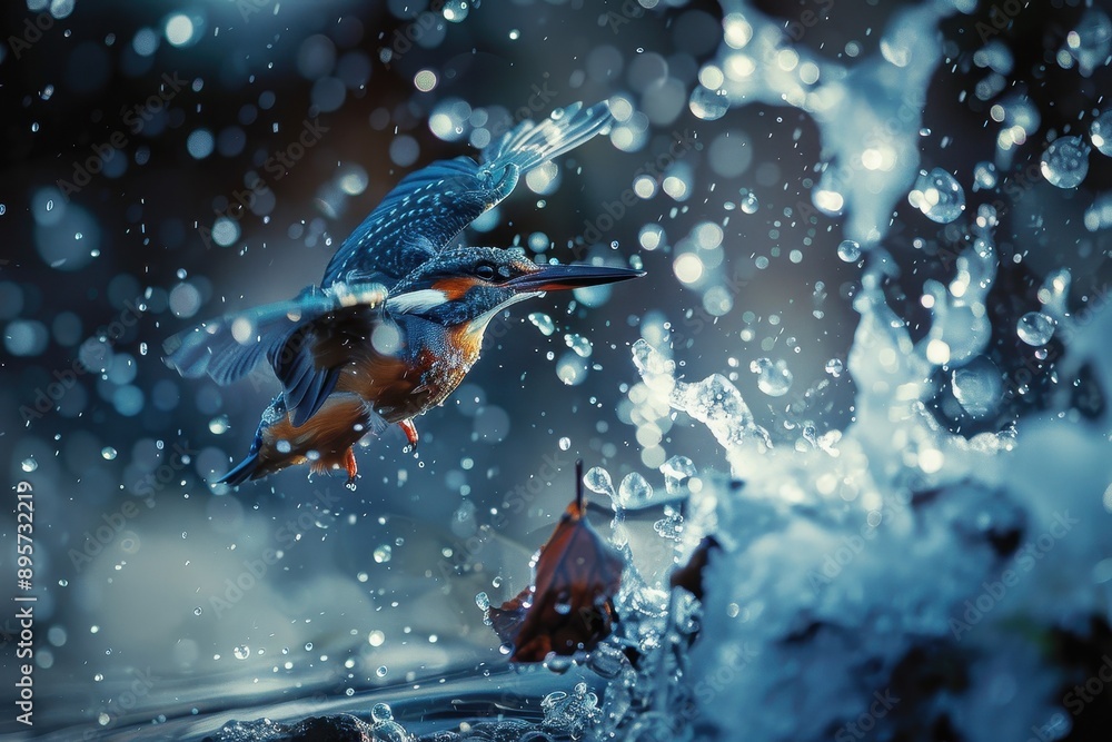 A close-up of a common kingfisher diving into a crystal-clear stream, with water droplets frozen in mid-air. A close-up of a common kingfisher diving into a crystal-clear stream, with water droplets frozen in mid-air.