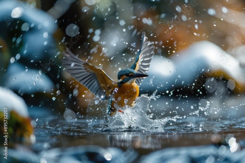 A close-up of a common kingfisher diving into a crystal-clear stream, with water droplets frozen in mid-air. photo