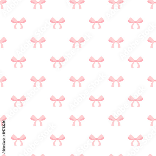 Cute coquette aesthetic pattern seamless pink ribbon bow isolated on white background, simple girly wallpaper, light pattern template