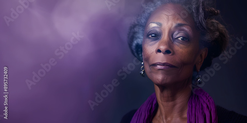 Violet background sad black american independant powerful Woman realistic person portrait of older mid aged person beautiful bad mood expression