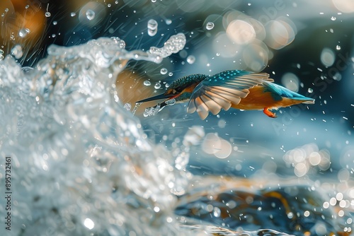 A close-up of a common kingfisher diving into a crystal-clear stream, with water droplets frozen in mid-air. photo