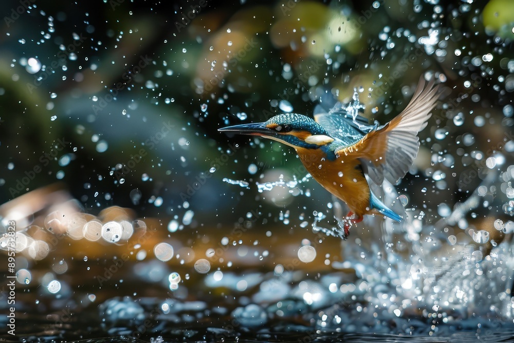 A close-up of a common kingfisher diving into a crystal-clear stream, with water droplets frozen in mid-air. A close-up of a common kingfisher diving into a crystal-clear stream, with water droplets frozen in mid-air.