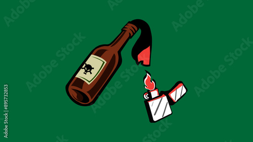 "Capturing the Flame: Molotov Cocktail and Lighter Illustration"