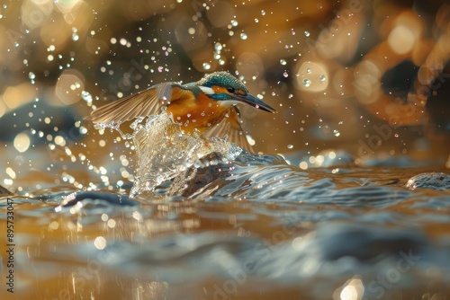 A close-up of a common kingfisher diving into a crystal-clear stream, with water droplets frozen in mid-air. photo