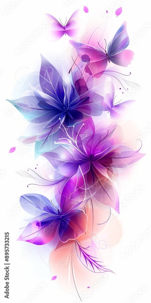 Butterflies flying around purple and blue flowers on white background Butterflies flying around purple and blue flowers on white background