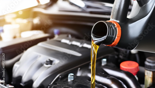 Pouring oil motor car lubricant from black bottle on engine background , service oil change auto repair shop; concept of petrochemical cleaning technology
