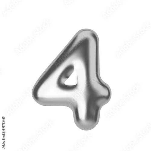 Silver number 4. Foil and latex balloon number four in 3d style. Realistic design elements isolated on white background. Vector illustration