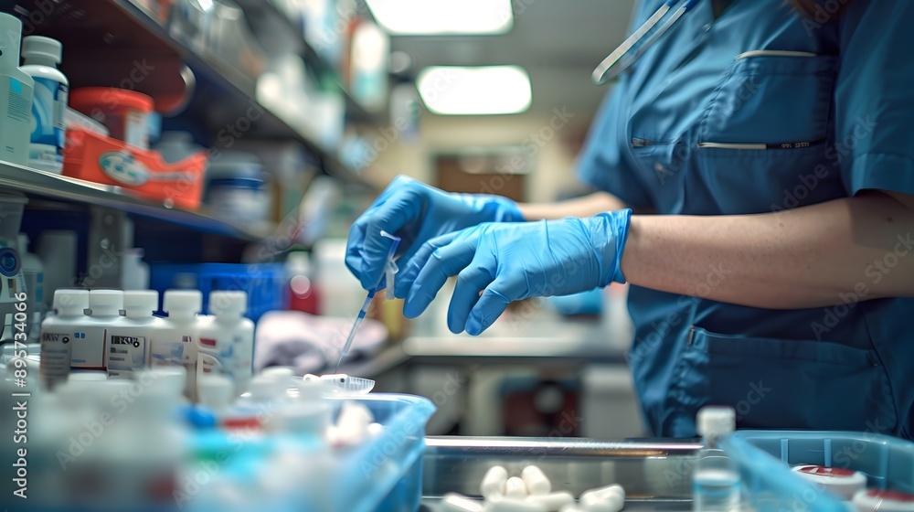 a nurse preparing medication in a brightly lit medical setting. nursing, medical professionals and healthcare, pharmaceuticals in healthcare a nurse preparing medication in a brightly lit medical setting. nursing, medical professionals and healthcare, pharmaceuticals in healthcare