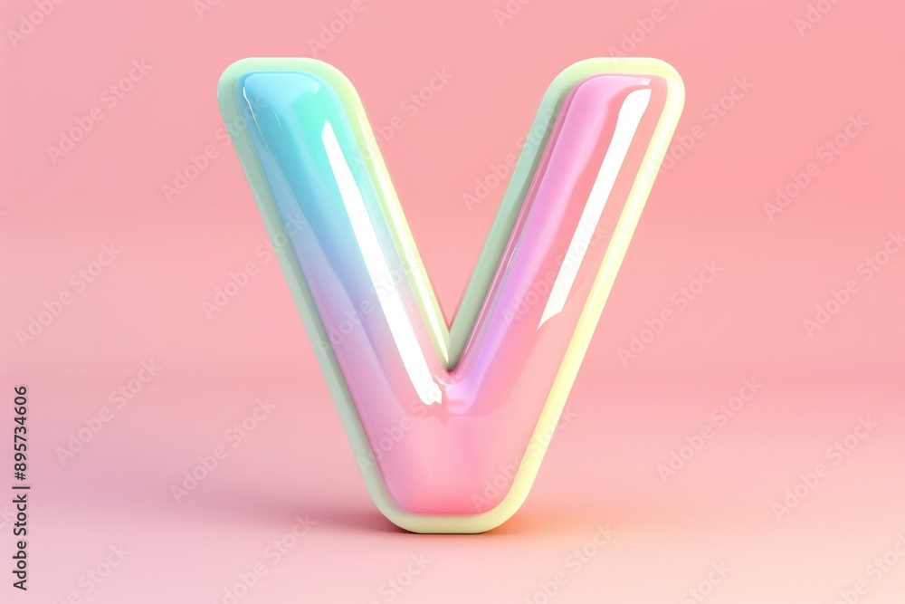 Glossy 3D letter V with pastel pink and blue gradient on a soft pink background. Glossy 3D letter V with pastel pink and blue gradient on a soft pink background.