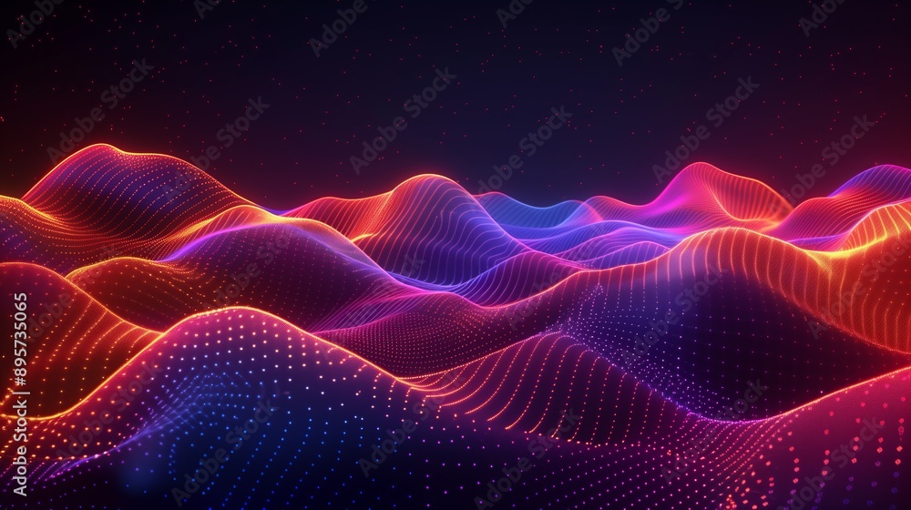 Colorful neon glowing wave background with gradient dots and lines for digital music. Colorful neon glowing wave background with gradient dots and lines for digital music.