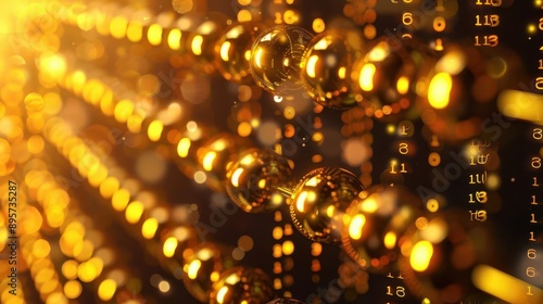 Golden abacus with flowing binary code, ancient meets digital,