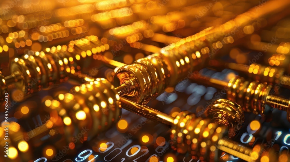 Golden abacus with flowing binary code, ancient meets digital, Golden abacus with flowing binary code, ancient meets digital,