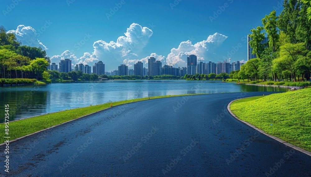 Asphalt road leading towards a city skyline with lake and greenery Asphalt road leading towards a city skyline with lake and greenery