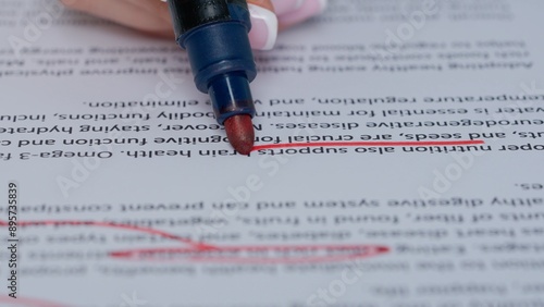 Close up shot of woman hand working with document, red marker in female hand marked circled an important parts in text.