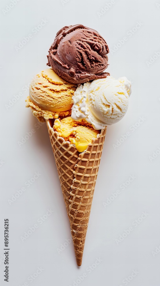 Perfect Ice Cream Cone with Berries and Mango on White Background Perfect Ice Cream Cone with Berries and Mango on White Background