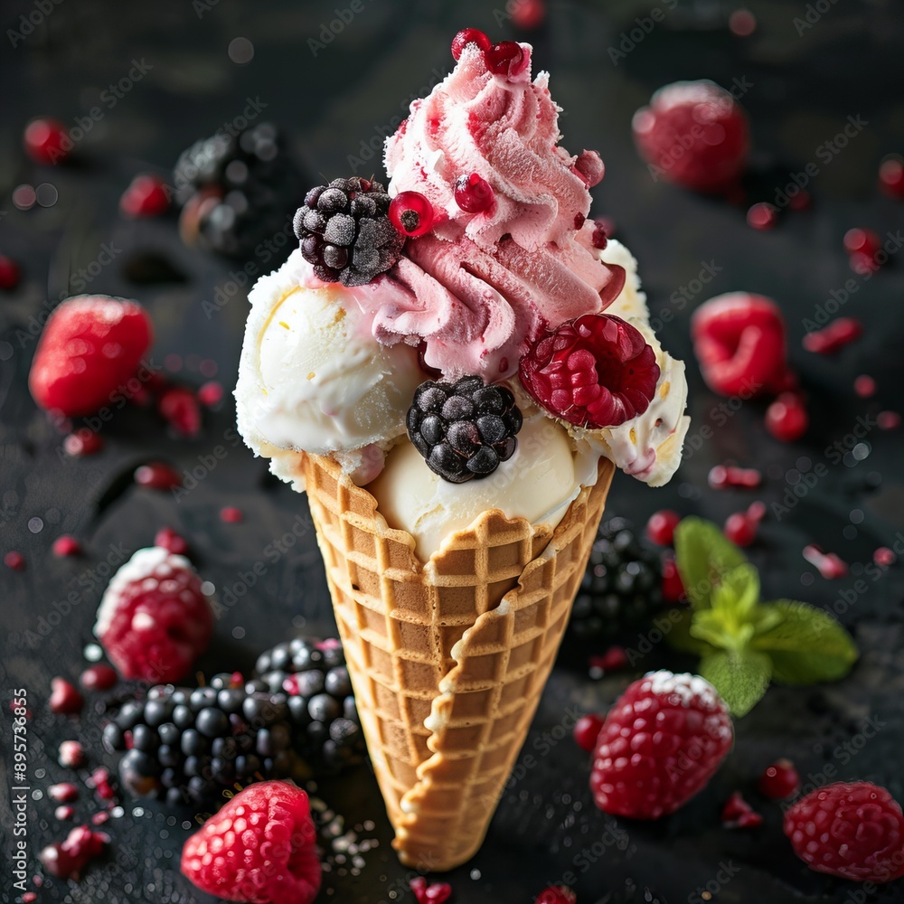 Perfect Ice Cream Cone with Berries and Mango on White Background Perfect Ice Cream Cone with Berries and Mango on White Background