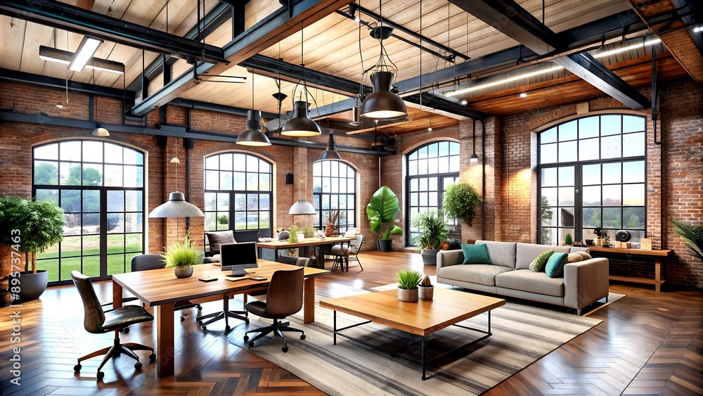 Industrial Loft-Style Co-working Space with Open Layout and Exposed Elements Industrial Loft-Style Co-working Space with Open Layout and Exposed Elements