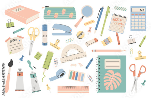 Big set of school supplies. Back to school lettering. Cute office supplies hand drawn. Knowledge for all. Vector illustration in a flat style on a white background. School stickers.