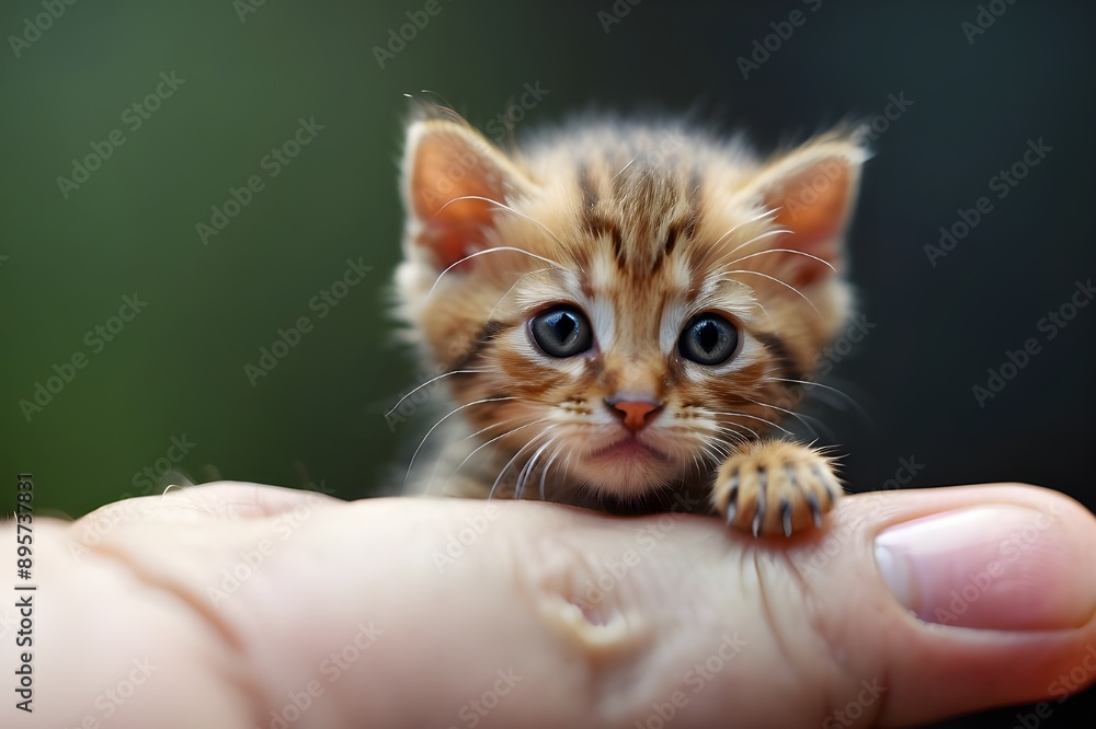 Tiny cute Cat on the tip of a human finger, macro closeup, use motion blure Tiny cute Cat on the tip of a human finger, macro closeup, use motion blure