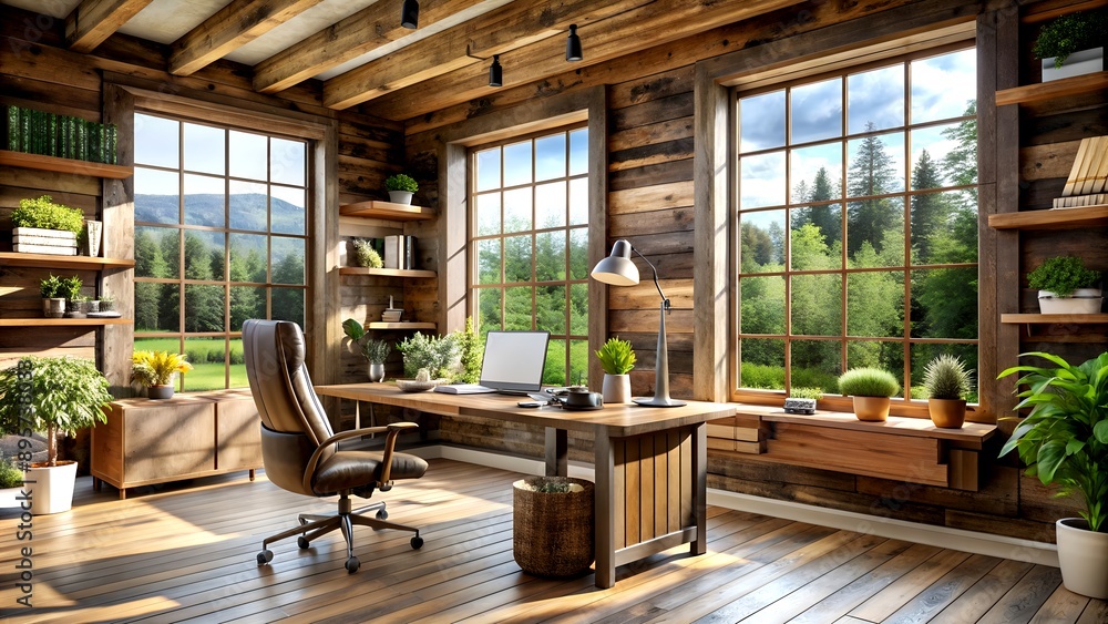 custom made wallpaper toronto digitalRustic Charm: Reclaimed Wood and Exposed Beams Create a Warm and Inviting Office with Armchairs and Desks