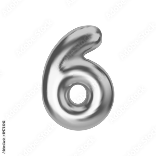 Silver number 6. Foil and latex balloon number six in 3d style. Realistic design elements isolated on white background. Vector illustration