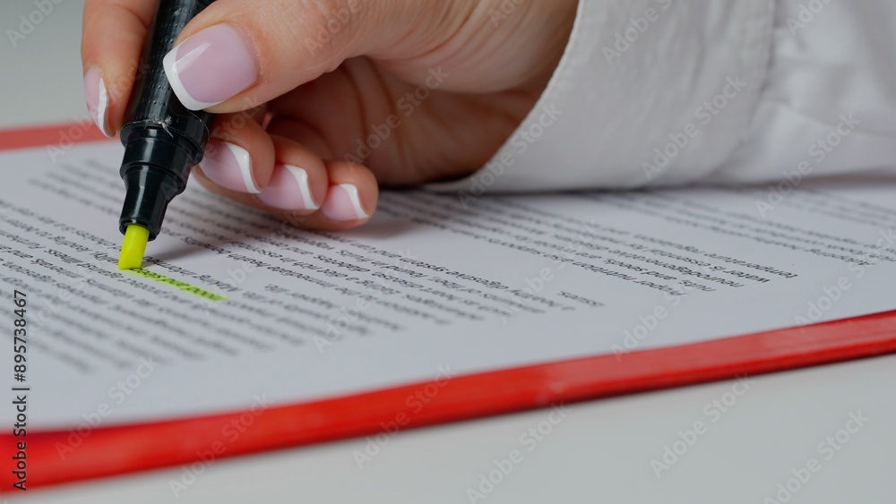 Close up shot of woman at the desk working with document, reading and highlighting important parts in text with yellow marker in hand. Close up shot of woman at the desk working with document, reading and highlighting important parts in text with yellow marker in hand.
