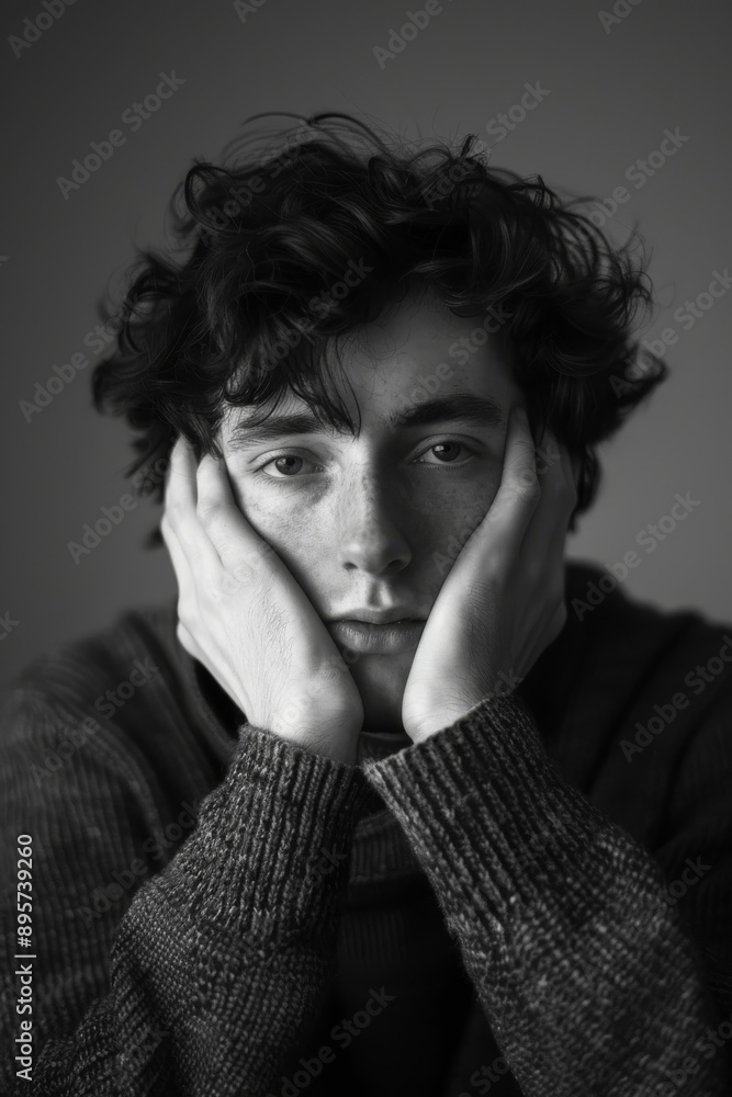 A pensive young man with tousled dark hair rests his face in his hands, captured in moody black and white, evoking contemplation, introspection, and the complexity of youth. A pensive young man with tousled dark hair rests his face in his hands, captured in moody black and white, evoking contemplation, introspection, and the complexity of youth.