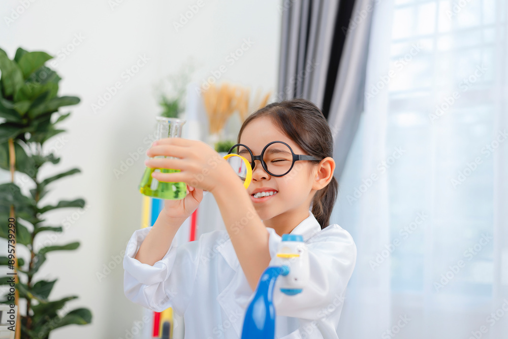 Naklejka premium young Asia girl Scientist Conducting Experiment With Microscope In Laboratory
