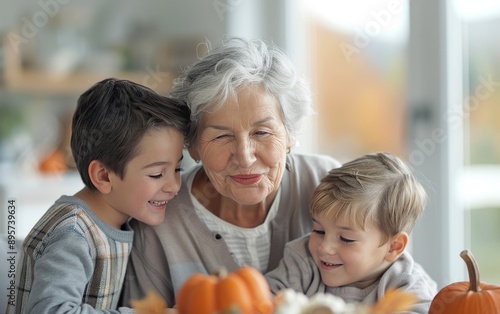 Grandkids Hugging Grandmother at Thanksgiving Dinner