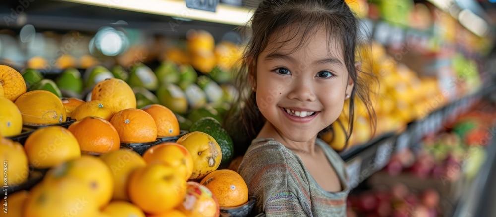Fototapeta premium Smiling Girl in Grocery Store Aisle