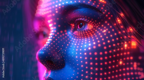 head with holographic elements and data visualizations on dark blue and pink neon lights, creating a futuristic atmosphere