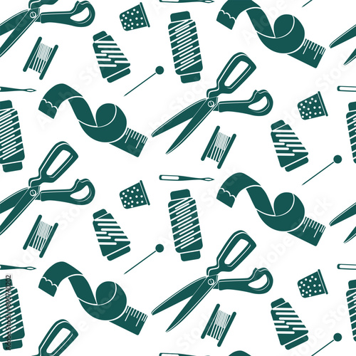 Pattern of sewing products. Seamless texture on the sewing theme. Blue flat scattered objects are threads, needles, clips, scissors, measuring tape, a skein of thread, a thimble. Elements on a white