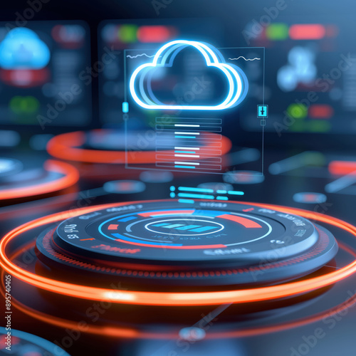 3D illustration of advanced cloud data analytics interface, featuring vibrant neon elements, futuristic controls, emphasizing digital technology and data management.