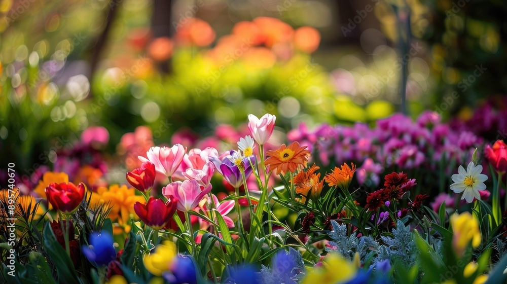 Obraz premium Colorful flowers blooming in a picturesque spring garden background
