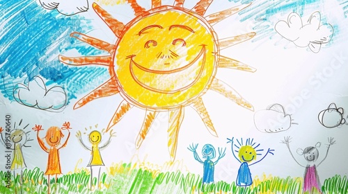 Happy children under a smiling sun. Coloring book style illustration.