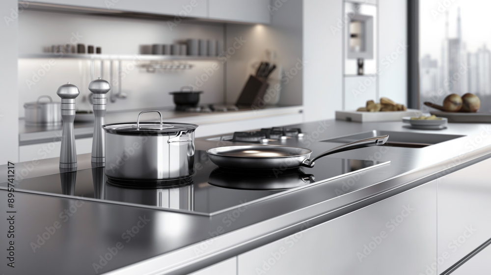 Modern kitchen with stainless steel cookware on a cooktop, featuring a saucepan, frying pan, and salt and pepper grinders. Modern kitchen with stainless steel cookware on a cooktop, featuring a saucepan, frying pan, and salt and pepper grinders.