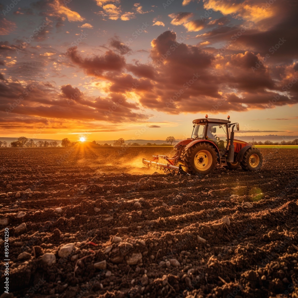 A farm tractor plowing a field at sunrise, casting warm light over the freshly turned soil and rural landscape. AI generated image. A farm tractor plowing a field at sunrise, casting warm light over the freshly turned soil and rural landscape. AI generated image.