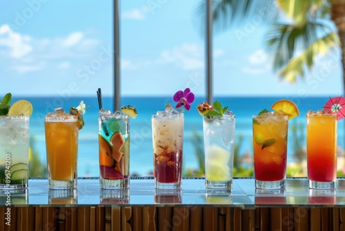 Variety of colorful tropical drinks with garnishes, ready to be served at a beach bar or a tropical getaway. photo