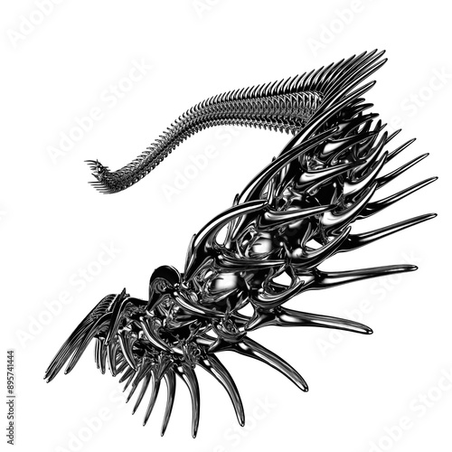 Chrome 3D element. Abstract array metal ridge, iron bones in cyber sigilism style, perspective objects. Transparent background