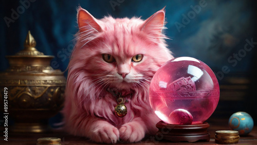 pink cat fortune teller with crystal ball for predictions, AI generated