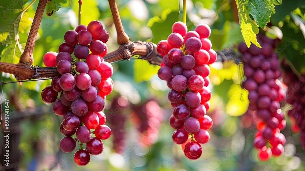 Lush red grapes growing on the vine in a beautiful grape farm Lush red grapes growing on the vine in a beautiful grape farm
