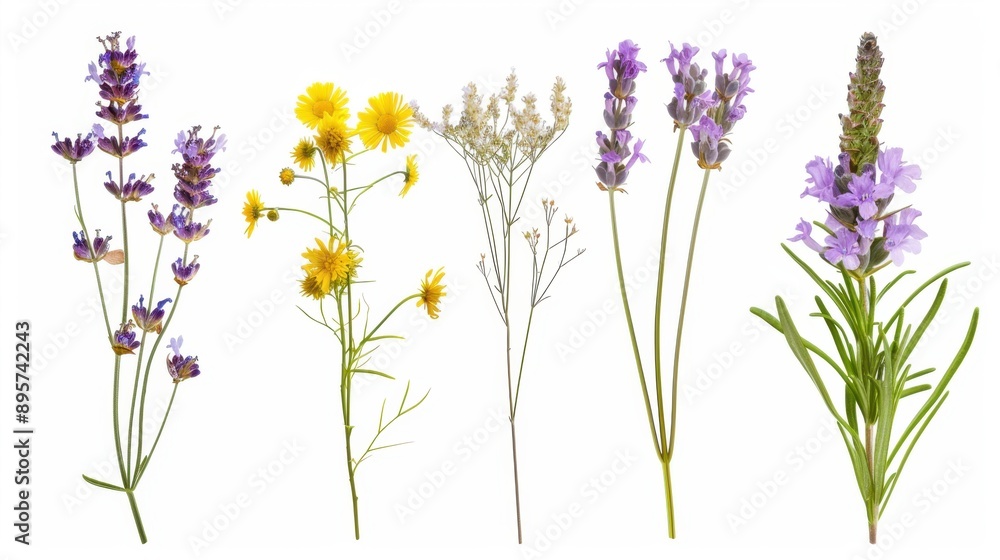 Naklejka premium A delightful assortment of wildflowers, each in their own pot, arranged to display the variety and vibrancy of nature's blooms.